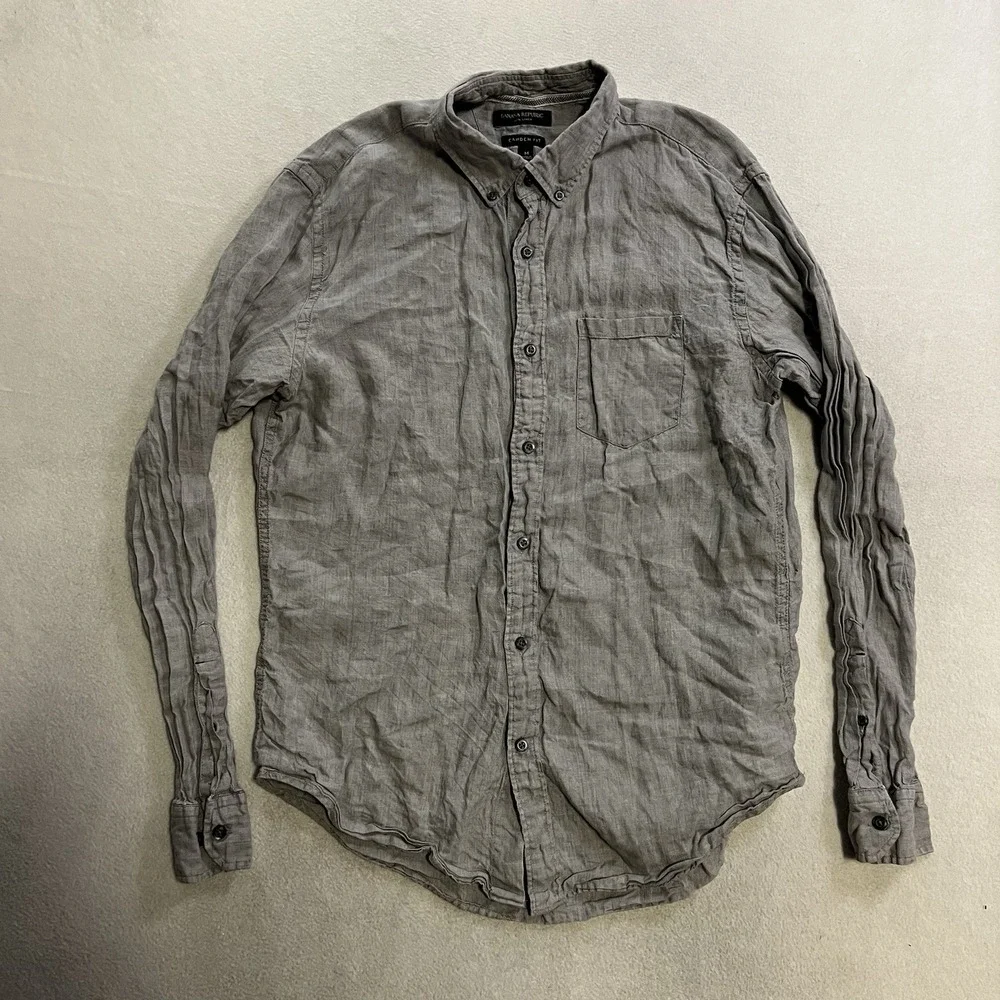 Banana Republic Shirt Men's Medium Gray Linen Button Down Long Sleeve Camden Fit